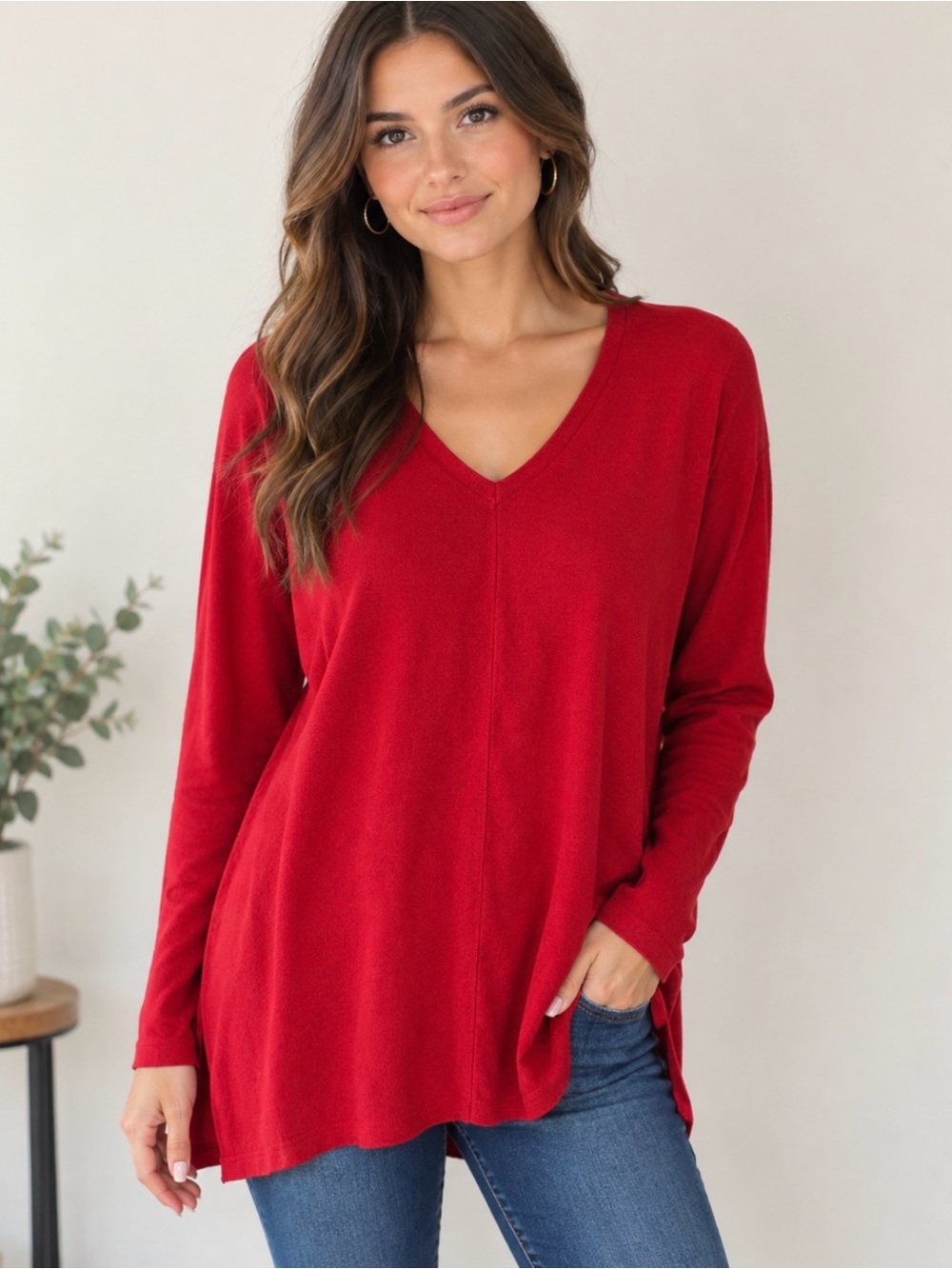 Chico's Red V-Neck Long Sleeve Tunic size 2 ( Chicos sizing )
